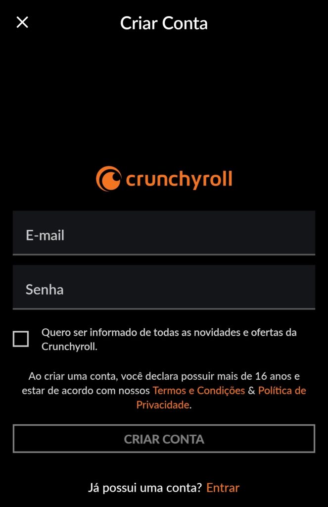 Cadastro Crunchyroll Celular